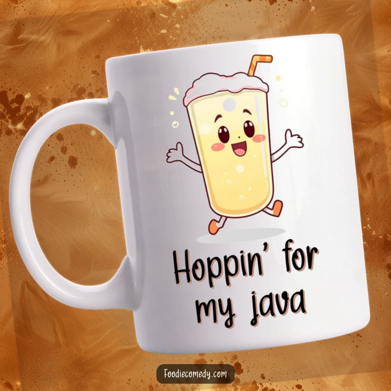 Funny beverage mug featuring a bubbly drink doing a joyful little hop, radiating happiness and effervescence, a perfect gift.