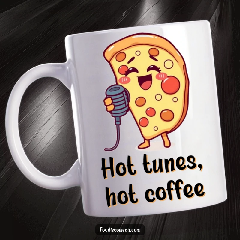 Funny mug featuring a cheerful pizza slice belting out a tune into a microphone, radiating joy and a love for music.