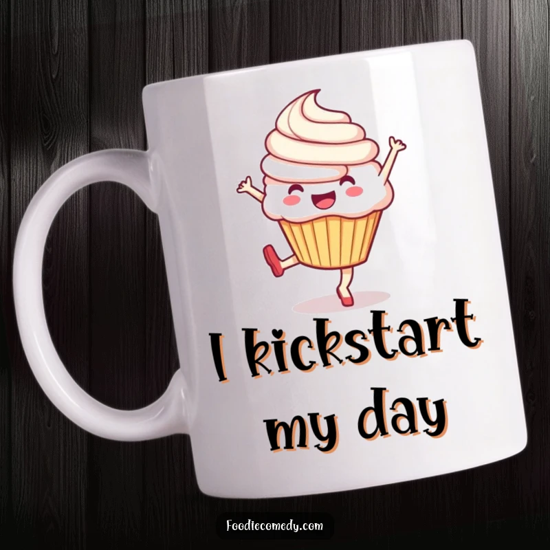 Funny cupcake mug with an exuberant cupcake doing a lively kick, showing off its energetic spirit, a perfect funny gift.