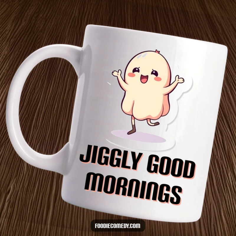 Funny Jelly Mug: A wobbly jelly character performs a spirited jig with enthusiastic movements and a cheerful demeanor.