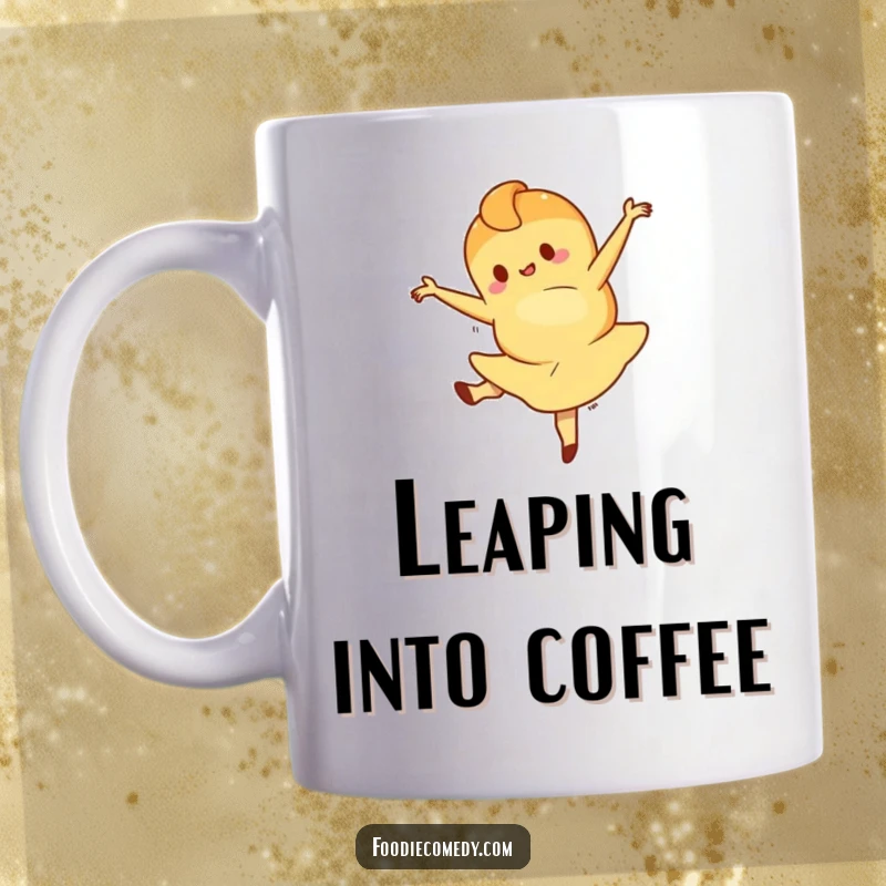 Funny mug featuring a croissant character performing a flamboyant ballet leap, showcasing grace and pastry perfection. Ideal for breakfast lovers and art aficionados.