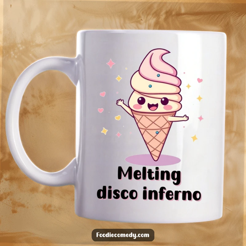 Funny mug featuring a joyful ice cream cone performing a dynamic disco spin, radiating pure, unadulterated fun and dance energy.