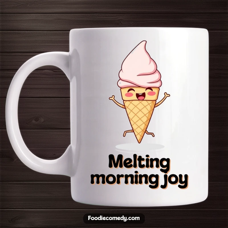 Funny mug depicting a happy ice cream cone performing a lively jig, bringing a cheerful and humorous dessert theme.