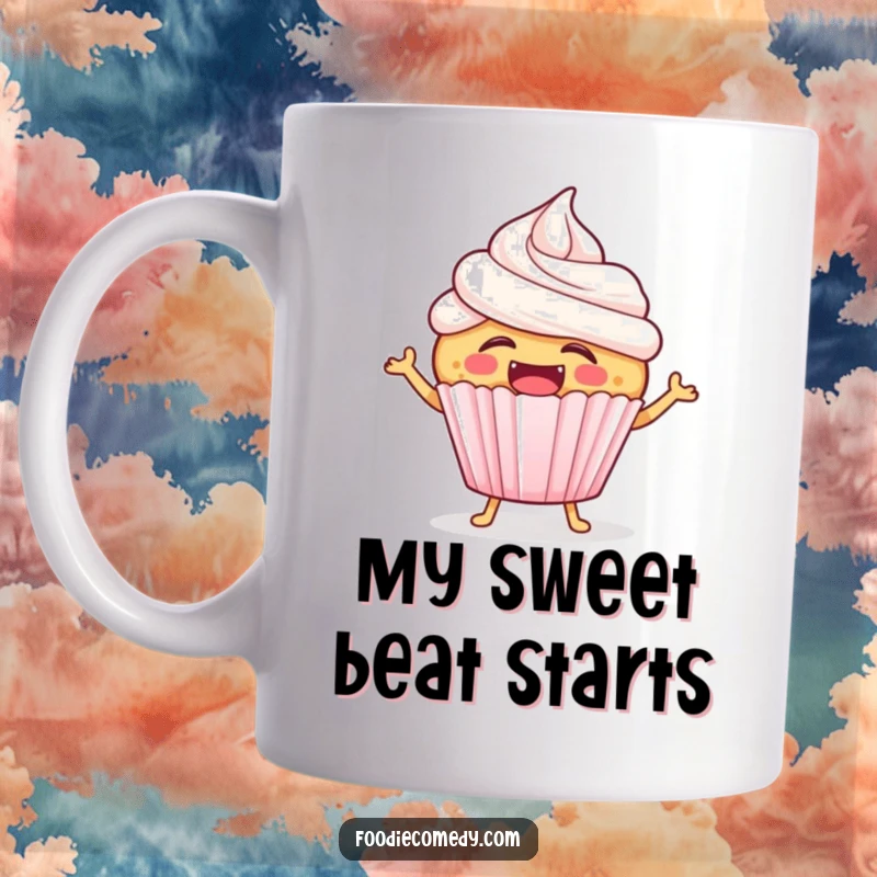 Funny laughing cupcake mug illustration of a joyful cupcake with frosting happily hopping to a lively beat.