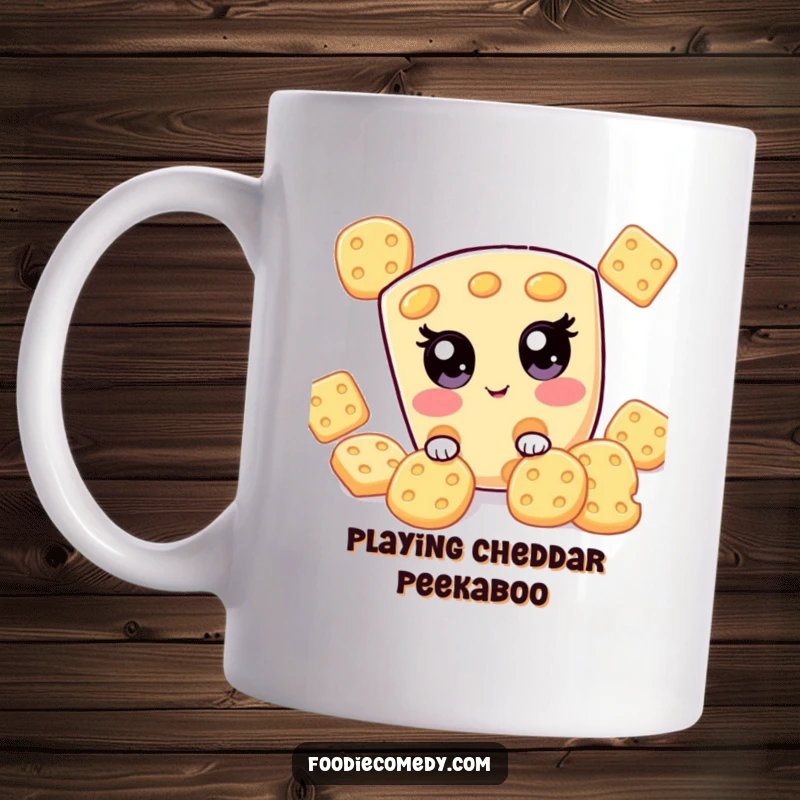 Funny kawaii cheese slice peeking from behind crackers on this mug, embodying playful hide-and-seek, a delightful gift.