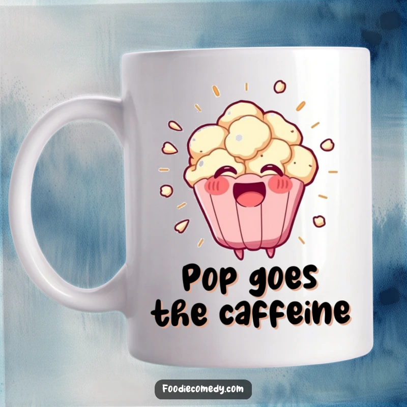 Funny kawaii popcorn kernel enthusiastically exploding into a happy burst on this mug, a humorous and energetic gift.