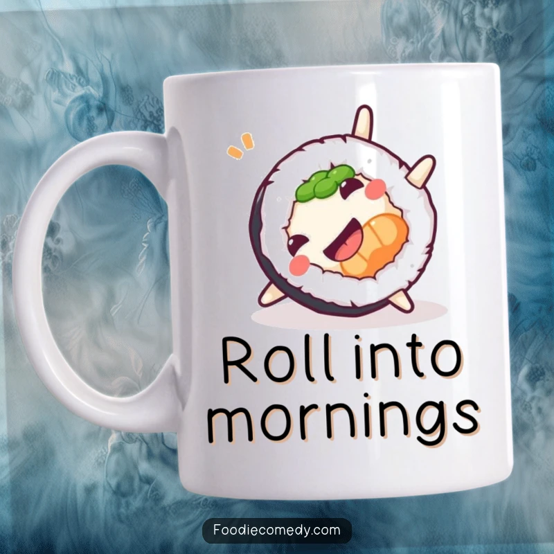Funny Sushi Roll Mug doing a playful somersault, celebrating delicious food with energetic and humorous movement.