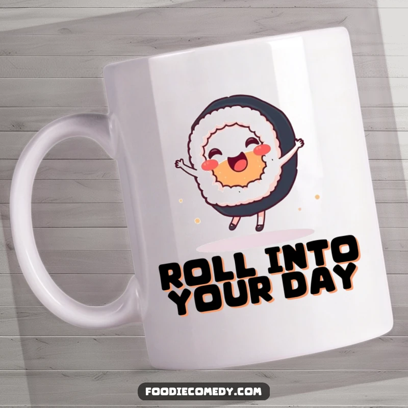 Funny mug showcasing a joyful sushi roll executing a perfect ballet spin with poise and delight.