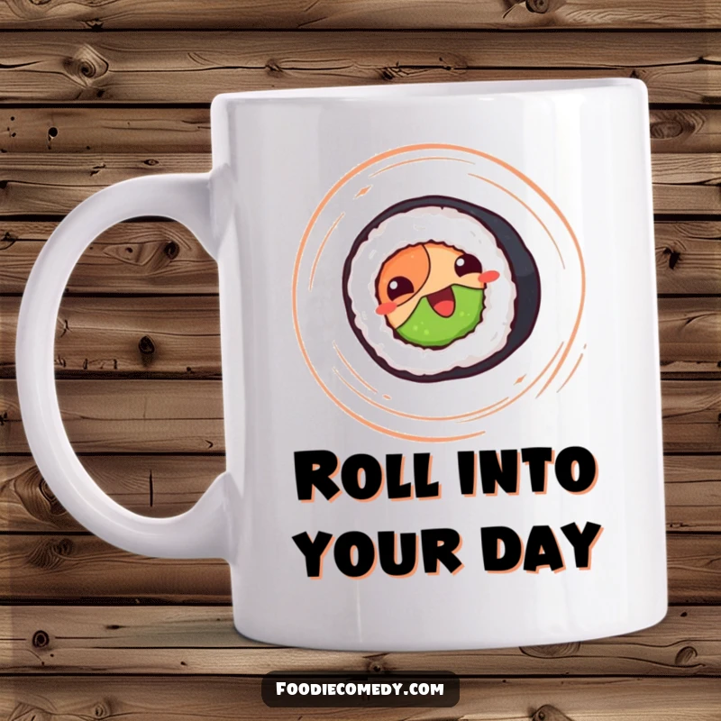Funny sushi roll mug, happy sushi roll character spinning energetically, cute food art.