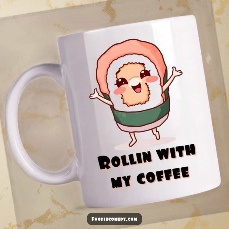 Funny mug featuring a sushi roll character wiggling its body with infectious rhythm, celebrating a groovy dance move. Ideal for fans of Japanese food and quirky humor.