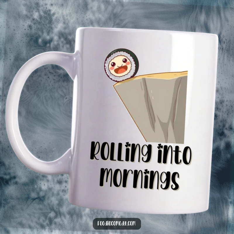Funny mug depicting a smiling sushi roll with dot eyes happily rolling off a cliff edge, capturing a moment of hilarious abandon.