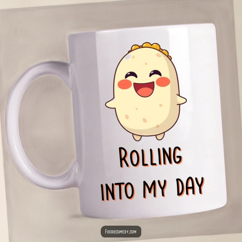 Funny mug featuring a smiling burrito doing a joyful spin, radiating Mexican food happiness.