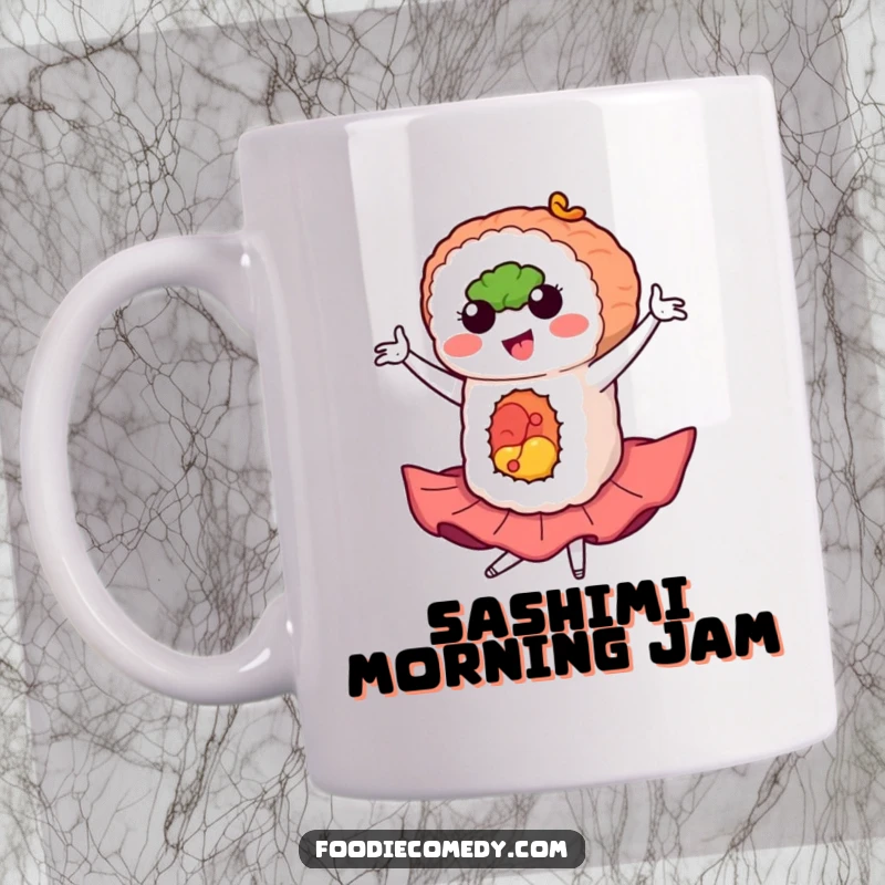 Funny sushi roll mug in a flamboyant flamenco pose, celebrating Japanese cuisine with humor and passion.