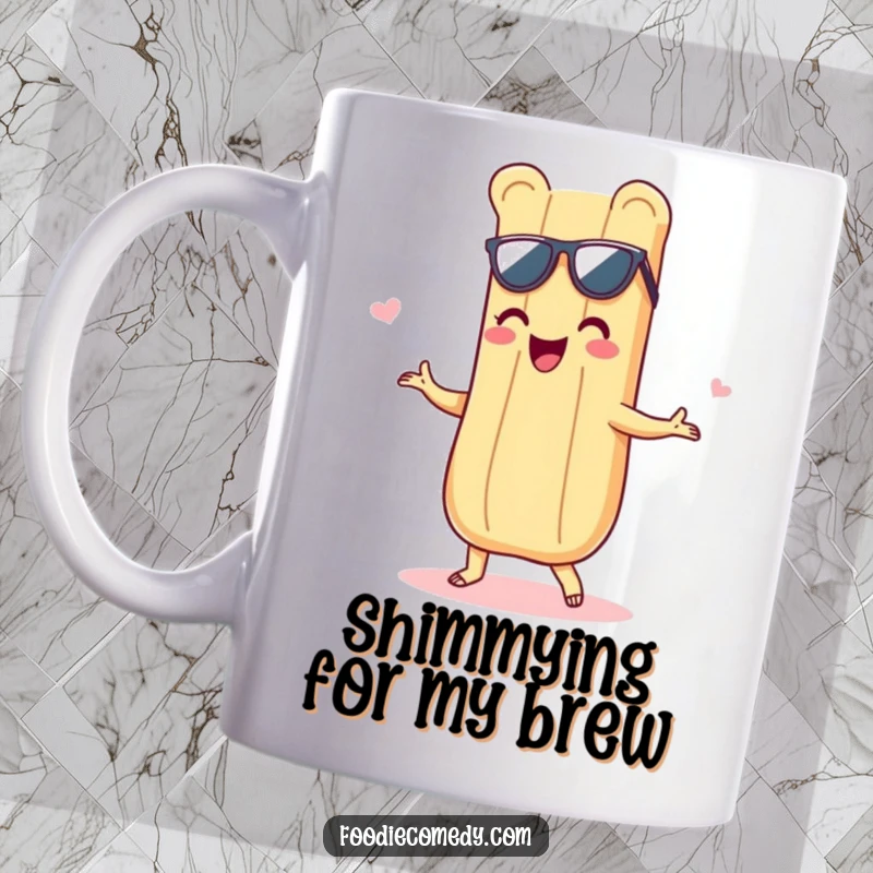 Funny baguette mug featuring a delighted baguette grooving with a stylish shimmy, radiating fun and a love for good times.