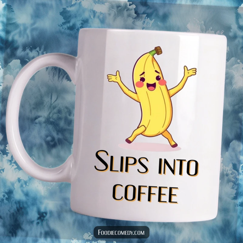 Funny banana peel mug with a peel doing a clumsy breakdance move, celebrating humor and unexpected moves.