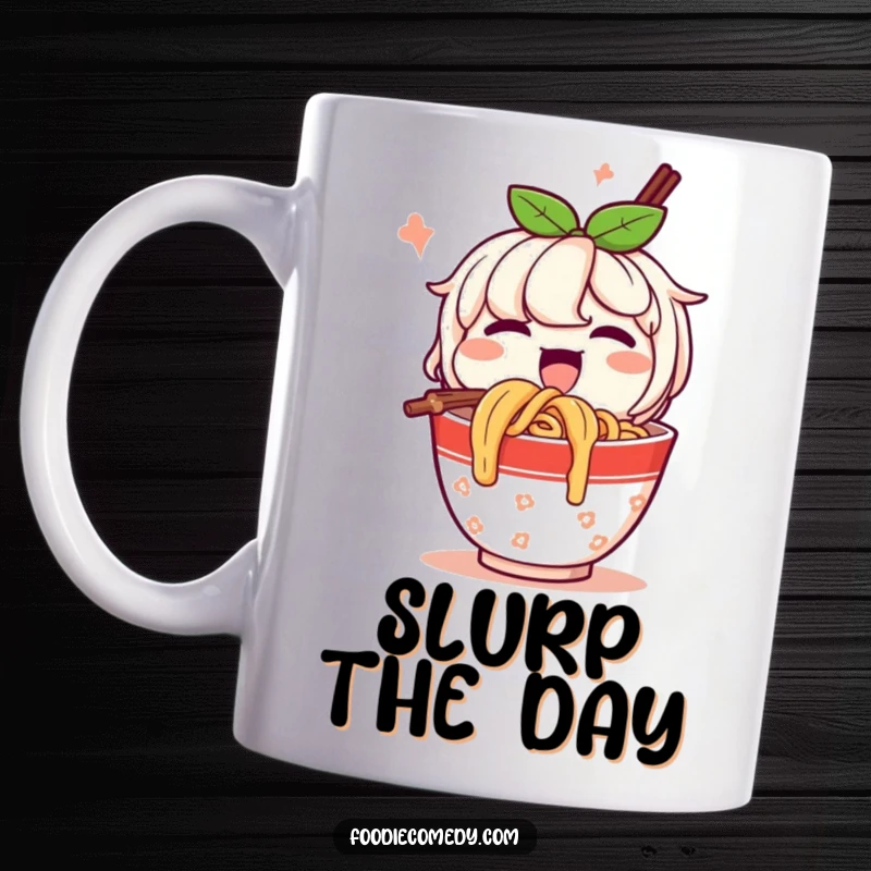 Funny Mug: A cheerful cup of noodles character happily slurps noodles with great enthusiasm and pure delight.
