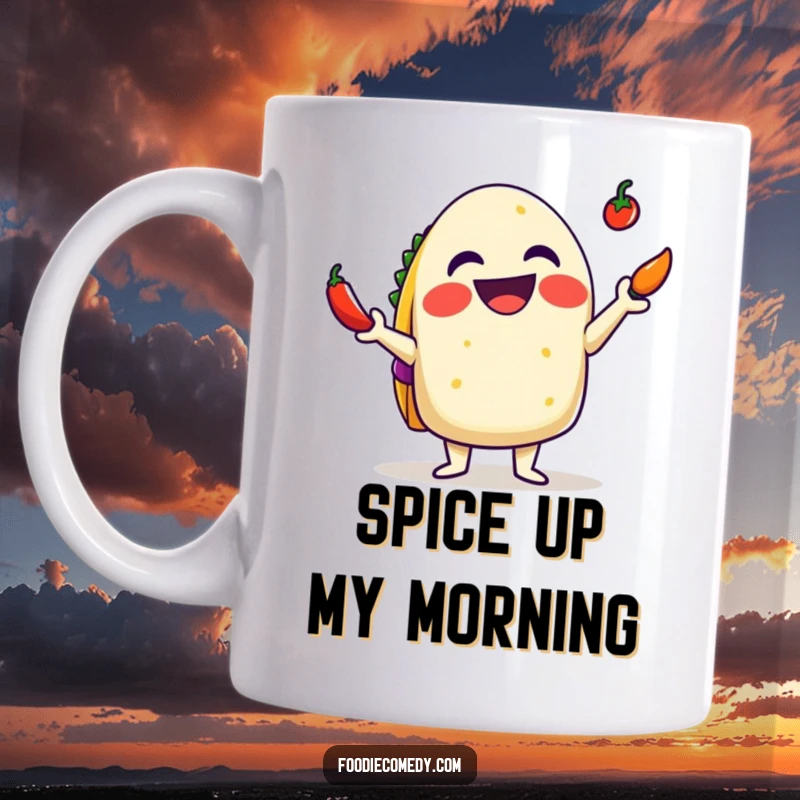 Funny Taco Mug: A delighted taco with a big grin skillfully juggling tiny chilis, ready for a spicy fiesta.