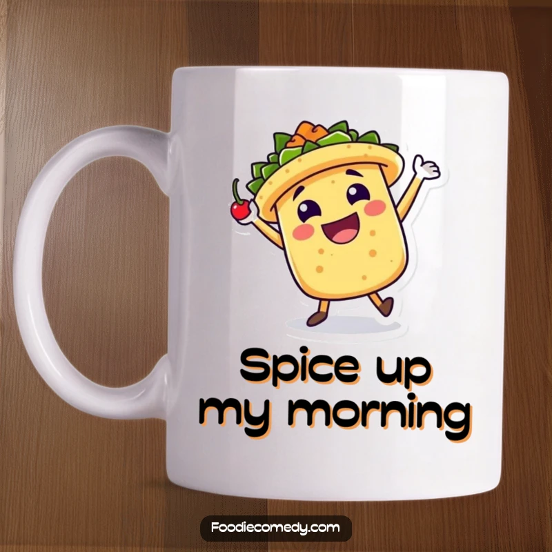 Funny Mug: A cheerful taco character performs a celebratory jig holding a spicy chili pepper, radiating pure food joy.