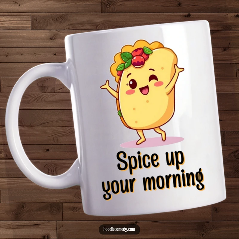 Funny mug with a jubilant taco character enthusiastically dancing the salsa, radiating pure joy and fiesta spirit.