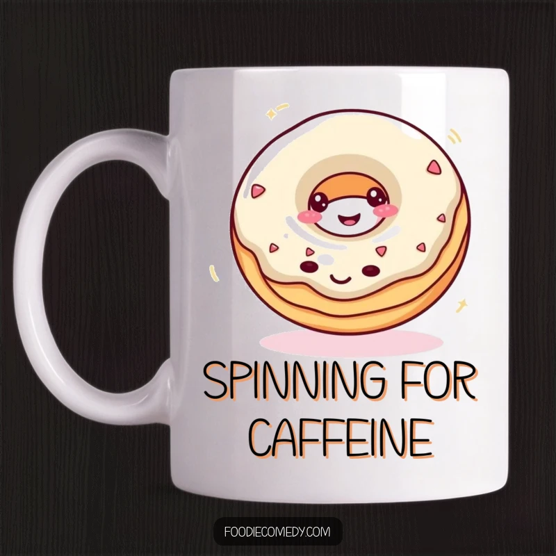 Funny donut mug featuring a smiling donut spinning rapidly like a top, symbolizing joy and sweetness.