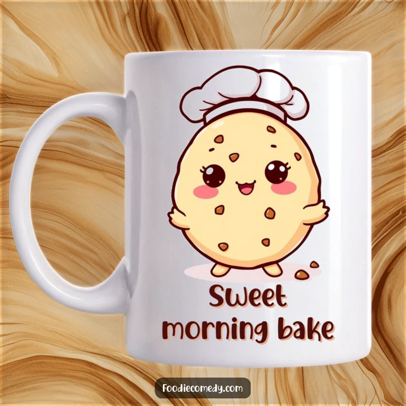 Funny Mug: A cute kawaii cookie wearing a chef hat generously offers tiny crumbs. A humorous gift for bakers and cookie lovers.