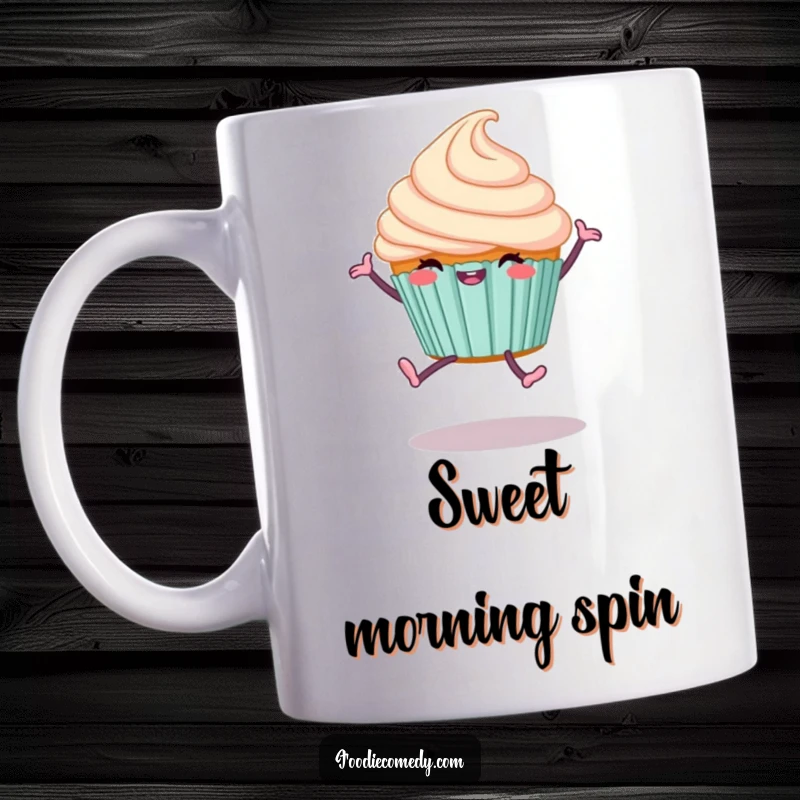 Funny Cupcake Mug with legs doing a joyful cartwheel, celebrating happiness and sweet treats with playful energy.