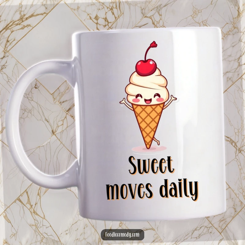 Funny mug showing a kawaii ice cream cone with a cherry head, happily jigging, conveying pure, sweet delight.