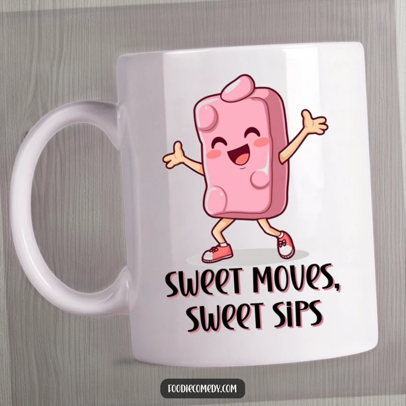 Funny mug featuring a joyful piece of candy executing a dynamic breakdance move, radiating pure, unadulterated fun and energy.
