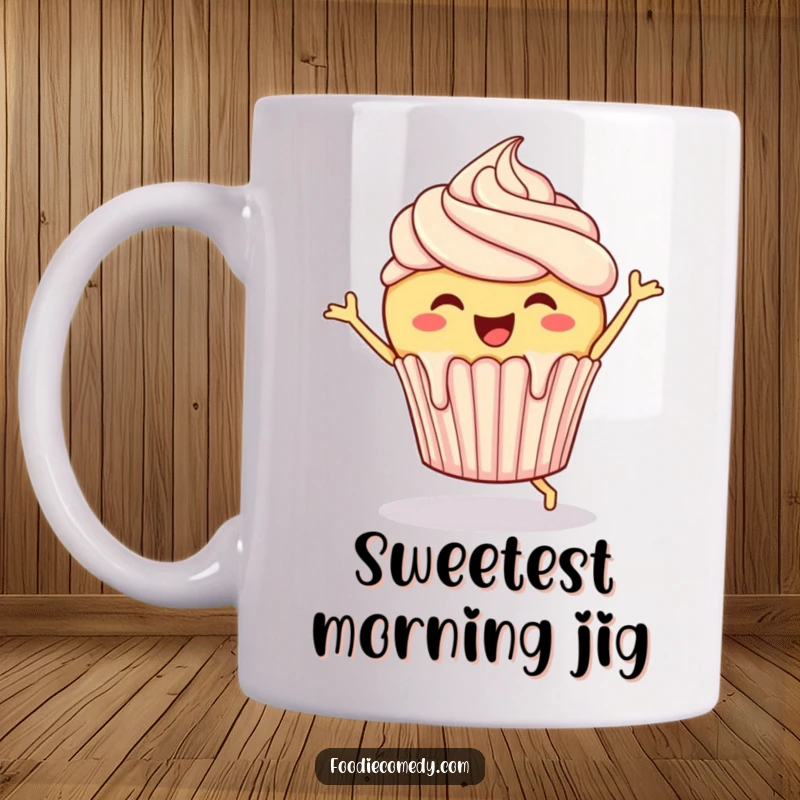 Funny Cupcake Mug: A cheerful cupcake with dripping frosting happily doing a joyful jig, radiating sweetness and fun.