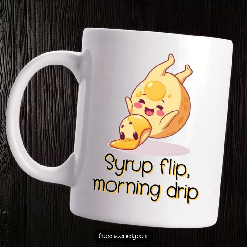 Funny pancake mug with a joyful pancake doing a somersault, syrup dripping, spreading breakfast cheer. A cartoon delight for your kitchen.