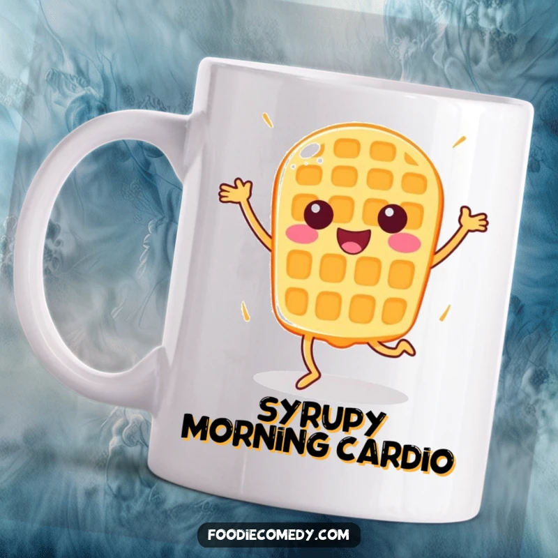Funny Happy Waffle Mug: A joyful waffle energetically bounces through an aerobic routine, bringing breakfast cheer.