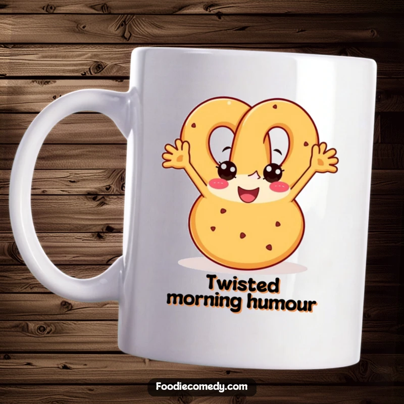 Funny pretzel mug featuring a joyful pretzel with arms boogying with enthusiasm, a delightful funny gift.