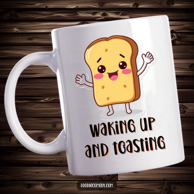 Funny mug featuring a cartoon bread loaf character enthusiastically waving, radiating positive energy and a cheerful vibe. Great for breakfast lovers and gift-givers.