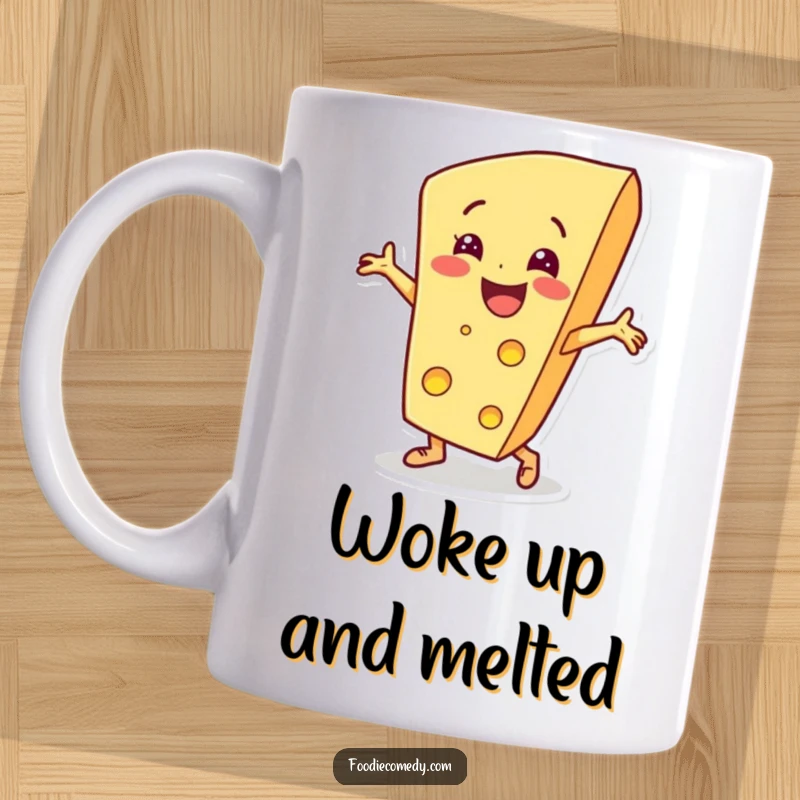Funny cheese wedge character energetically breakdancing on a mug, radiating cheesy joy and hip-hop vibes.