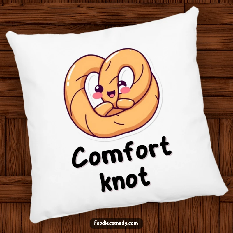 Funny pillow with a happy pretzel twisting its body into a fun shape, offering cozy and uniquely humorous appeal.