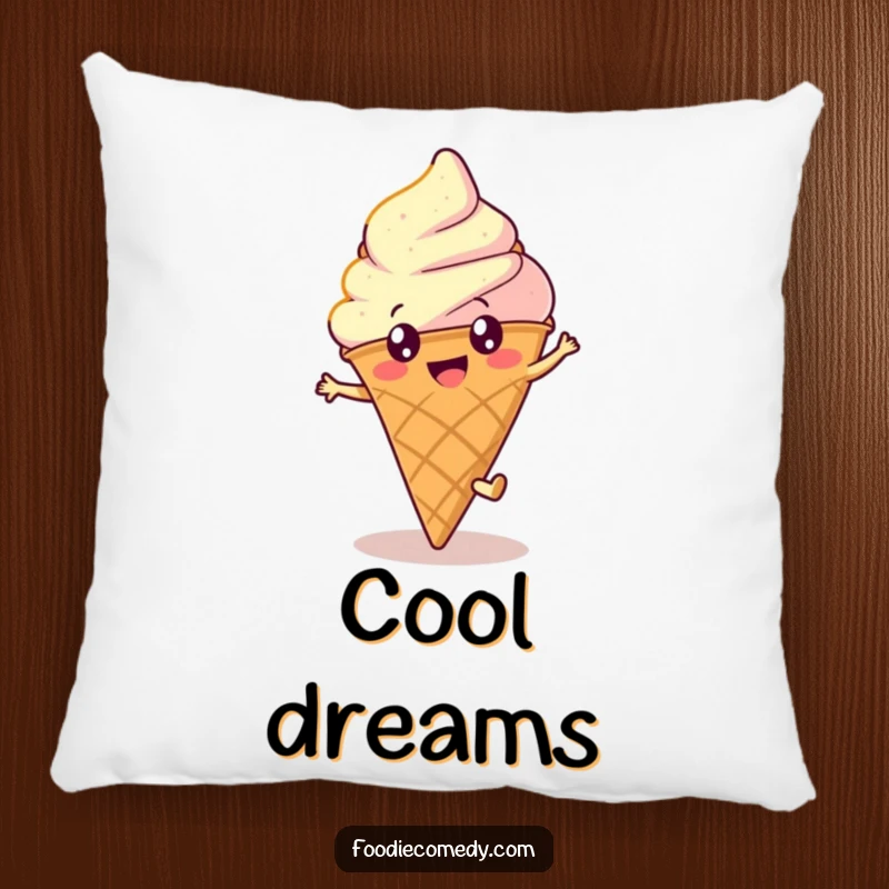 Funny ice cream pillow with a happy, round cone with bright eyes doing a cartwheel, offering comfort and humorous appeal.