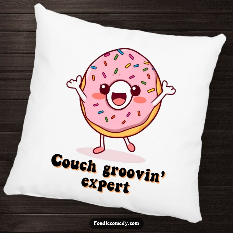 Funny Donut Pillow: A happy donut character with sprinkles is shown dancing, adding a touch of fun to decor.