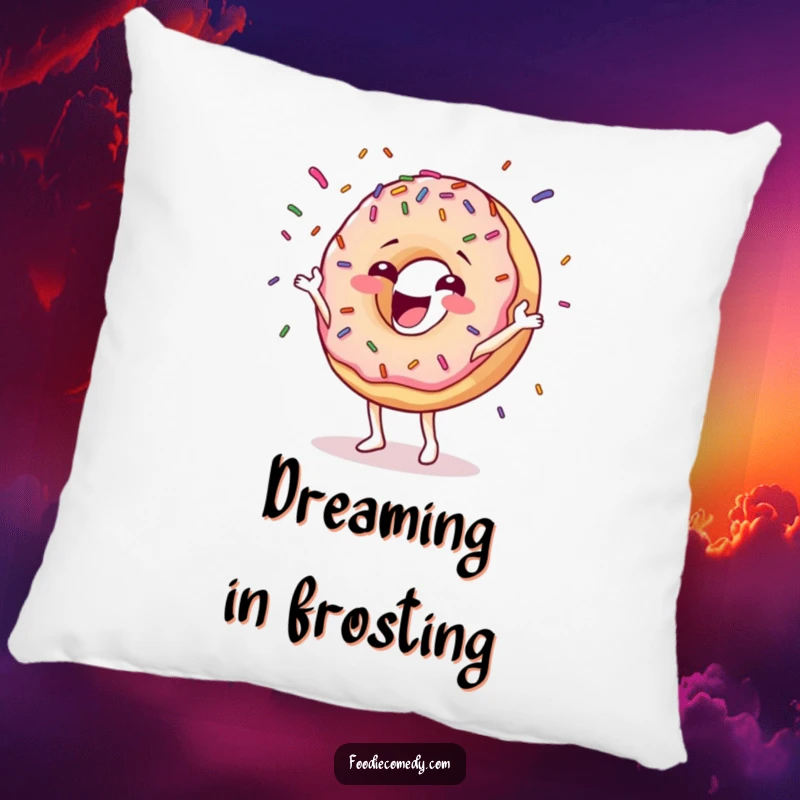 Funny donut pillow with a happy character gleefully juggling colorful sprinkles, perfect for adding comfort and sweet vibes.