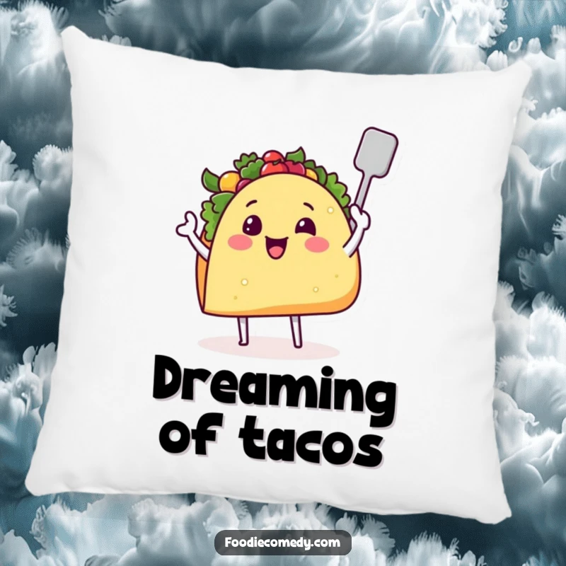 Funny taco pillow with a smiling face, tiny legs, and a spatula, perfect for adding comfort and culinary fun.