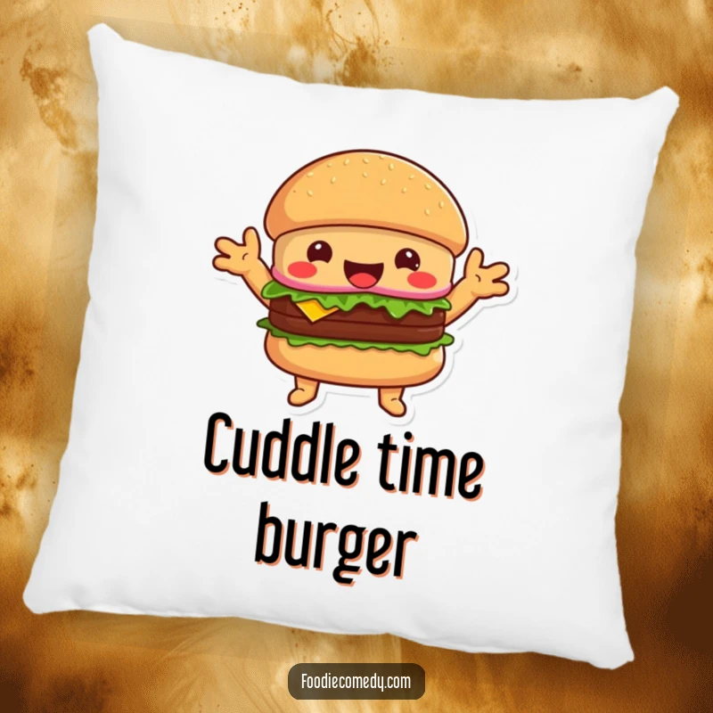 Funny happy burger pillow, a cozy character with open arms offering comforting, delicious hugs.