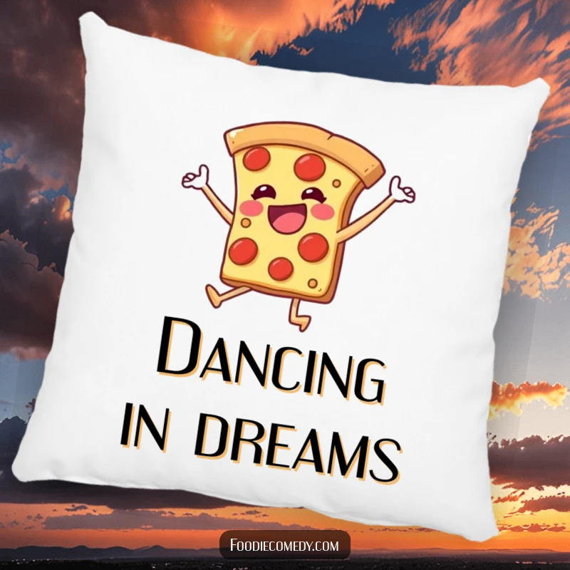 Funny pillow featuring a pizza slice with legs kicking joyfully, providing comfort and a touch of energetic humor.