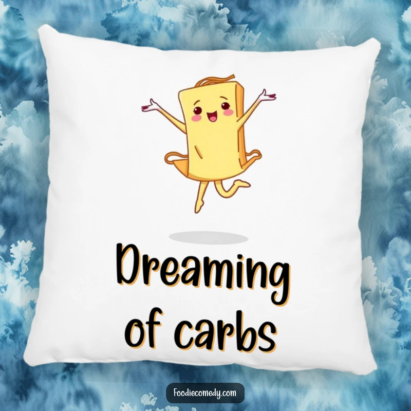 Funny pasta pillow featuring a determined piece of pasta performing a ballet leap, offering plush comfort and artistic inspiration.