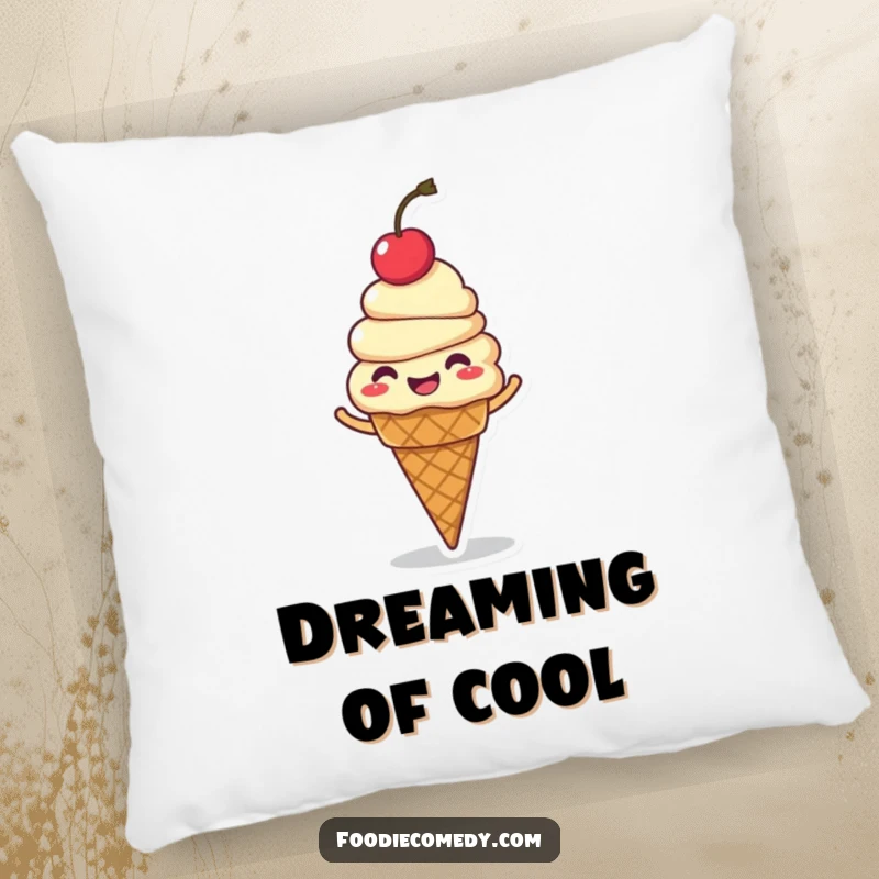 Funny ice cream cone pillow, a giggling character with a cherry on top, spinning with joy, soft and huggable.