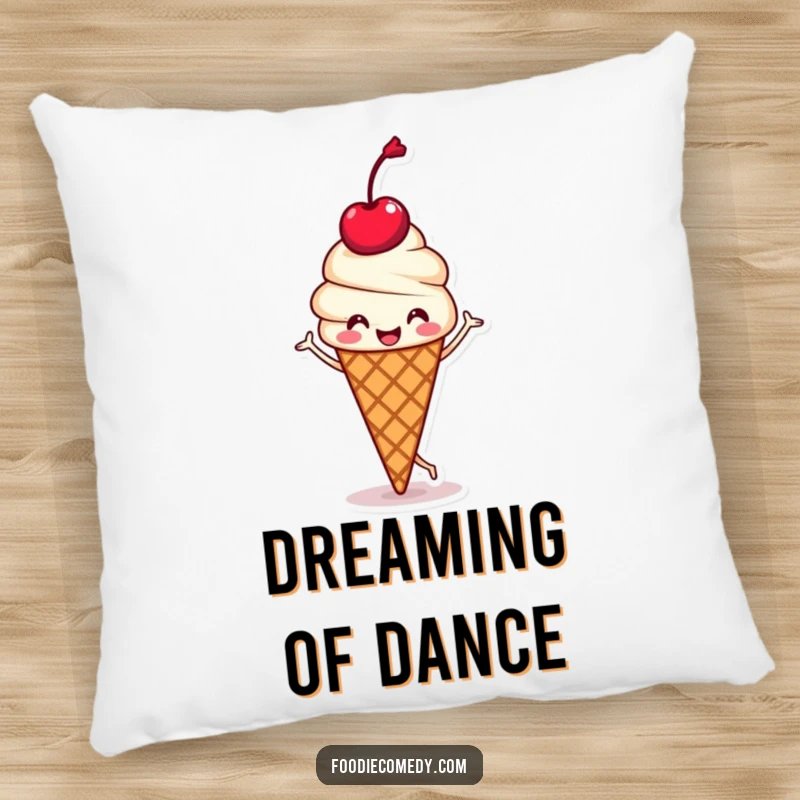 Funny pillow showcasing a kawaii ice cream cone with a cherry head doing a happy jig, offering comfort and sweet, humorous delight.