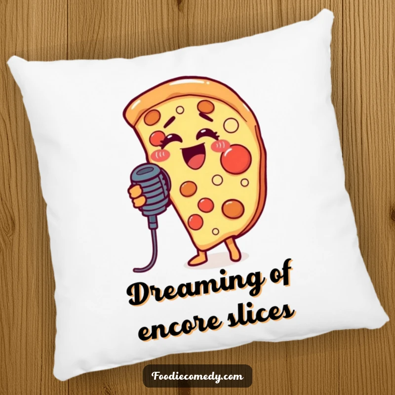 Funny decorative pillow showing a pizza slice hitting a high note with a microphone, adding a touch of whimsical musicality.