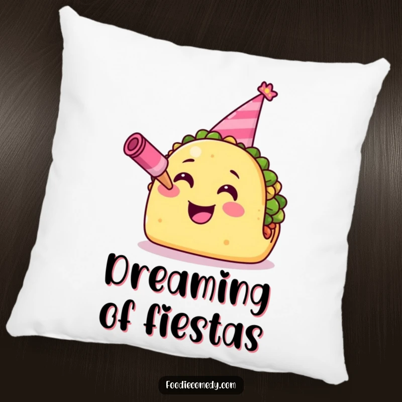 Funny Taco Pillow: A smiling taco wearing a party hat and blowing a horn, offering comfort and fiesta fun.