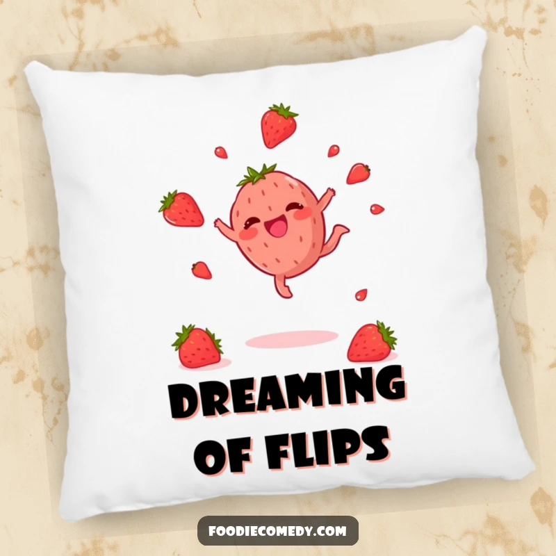 Funny Strawberry Pillow: A soft pillow displaying a joyful strawberry in a cartwheel pose, perfect for adding humor to home decor.