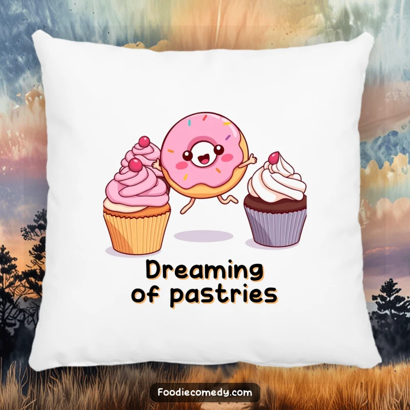 Funny Kawaii Donut Pillow: A plush pillow featuring a cheerful, leggy donut mid-leap, providing humorous comfort and sweet decoration for your home.