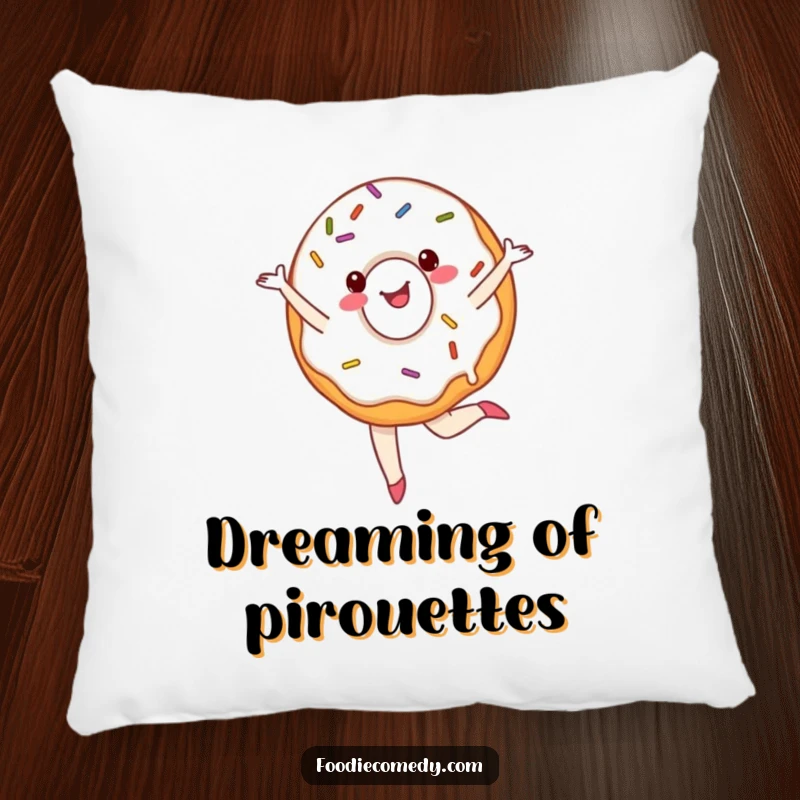 Funny ballet donut pillow featuring a cheerful, sprinkled donut doing a pirouette, perfect for cozy and humorous decor.