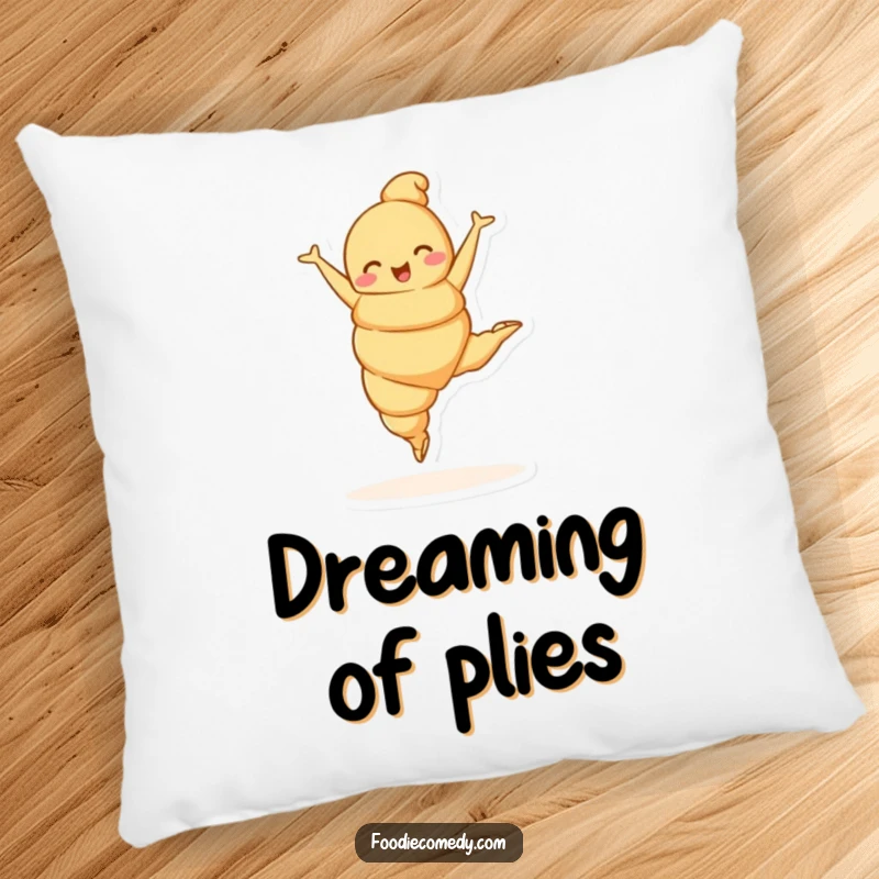 Funny croissant character performing a ballet leap on a soft pillow, ideal for adding elegant comfort and humor.